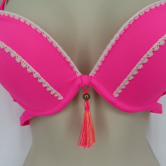 Shade & Shore Womens 34B Neon Pink Embroidered Trim Tassel Halter Bikini Top NEW - Picture 2 of 9